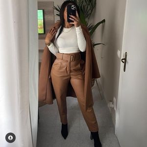 Zara Belted Faux Leather Pants Brown